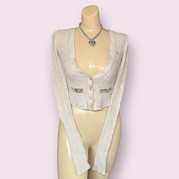 abercrombie & fitch 2000’s off-white cable knit fitted ribbed sweater - Picture 2 of 12